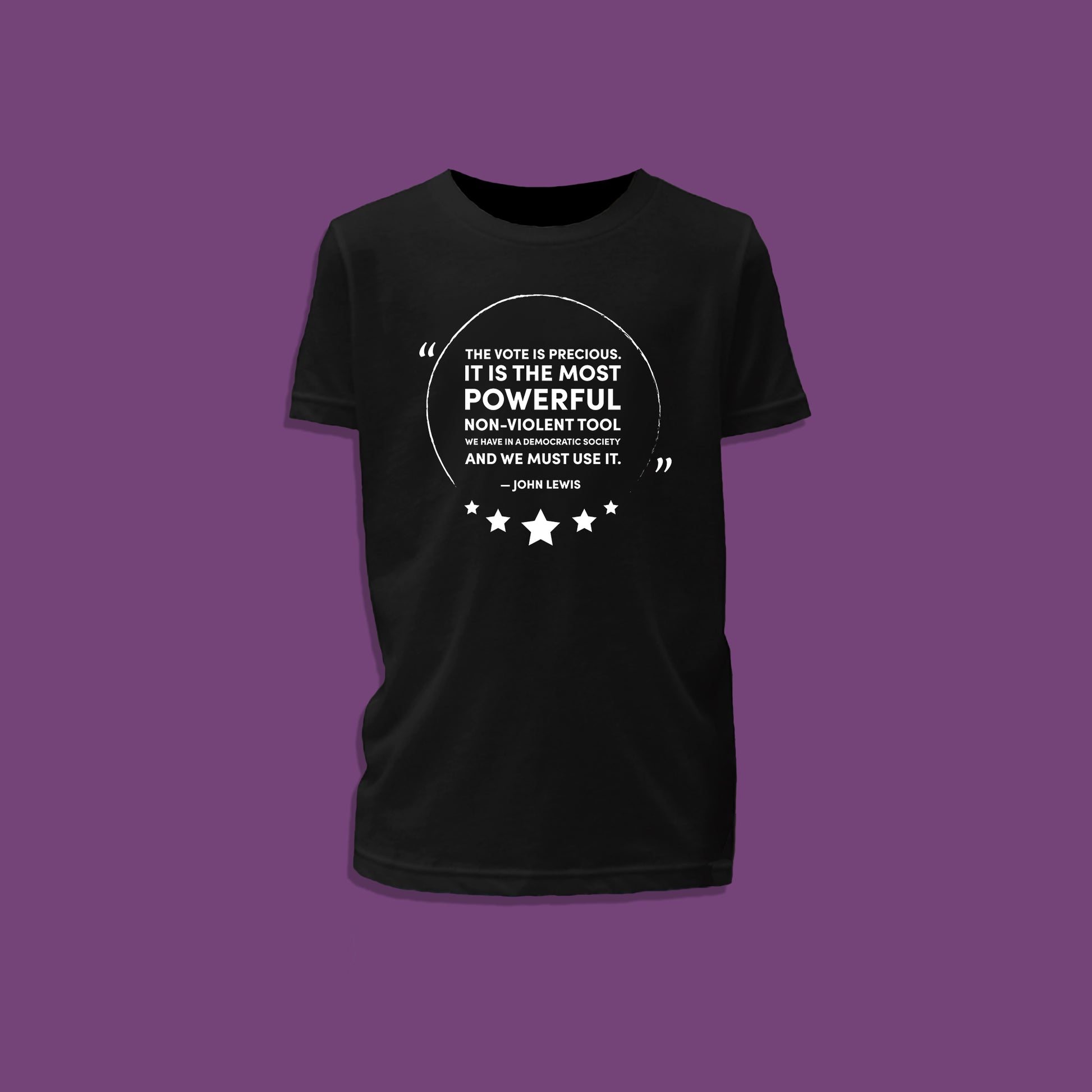 children's black t-shirt with quote from John Lewis, The vote is precious. It is the most powerful non-violent tool we have in a democratic society and we must use it.